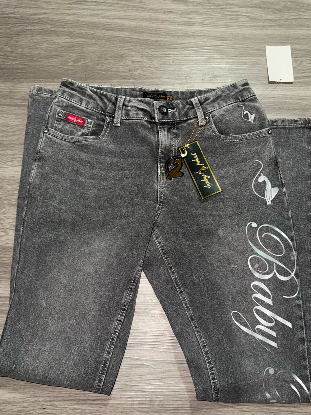 Baby Phat Gray Skinny Jeans with White Script and Cat Motif